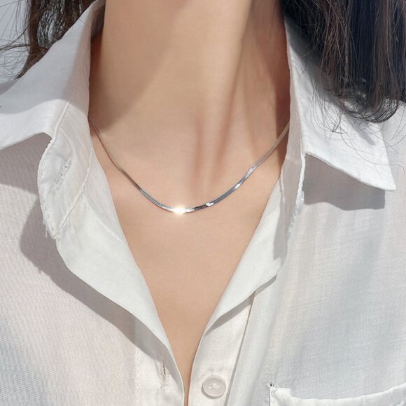 3/$35 Silver Herringbone Chain Necklace Stainless Steel Dainty Flat Snake Women - Picture 1 of 5